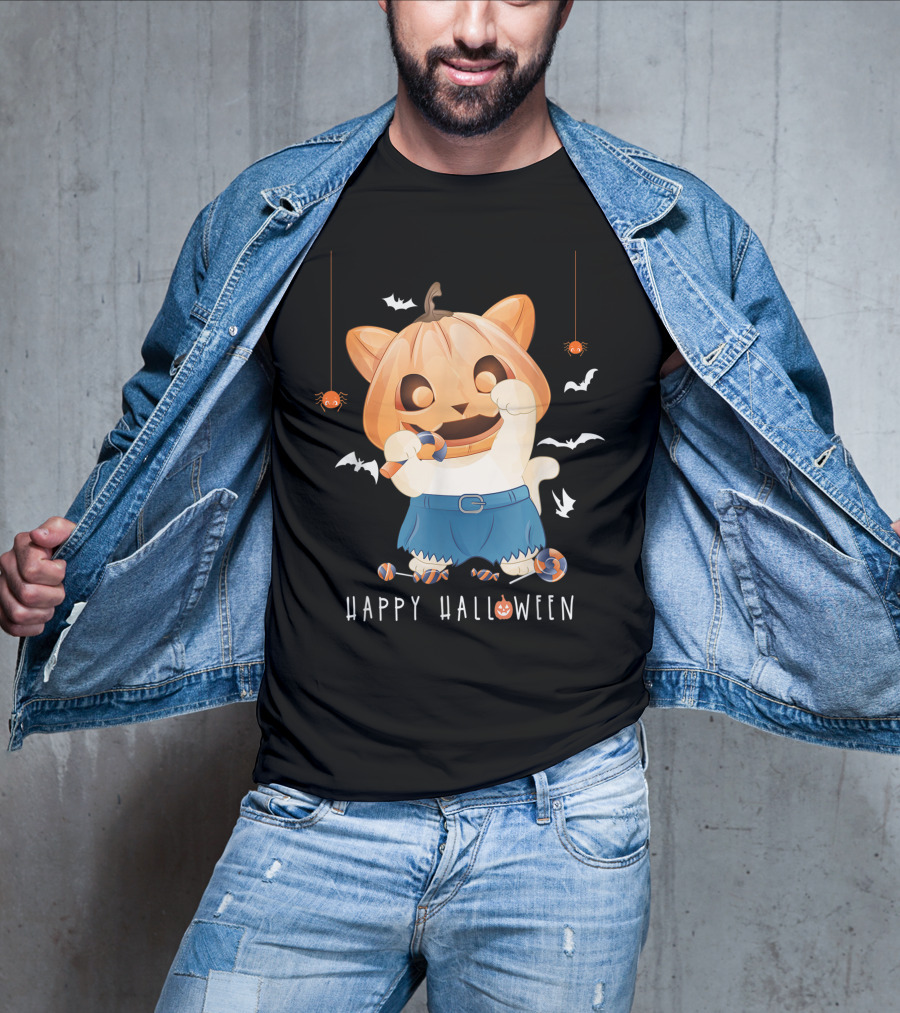 Happy Halloween Pumpkin Cat With Candy And Bats T-Shirt
