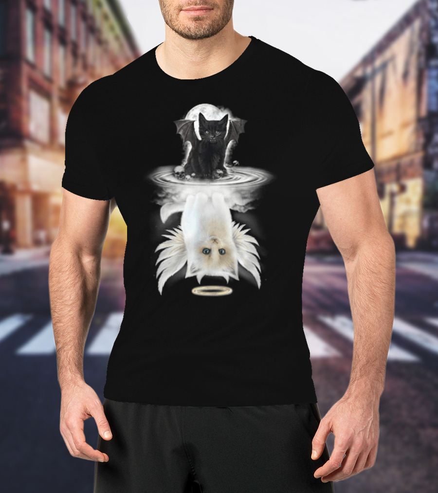 Black Cat Devil With Wings White Cat Angel With Halo Reflection Moon Skulls T-Shirt