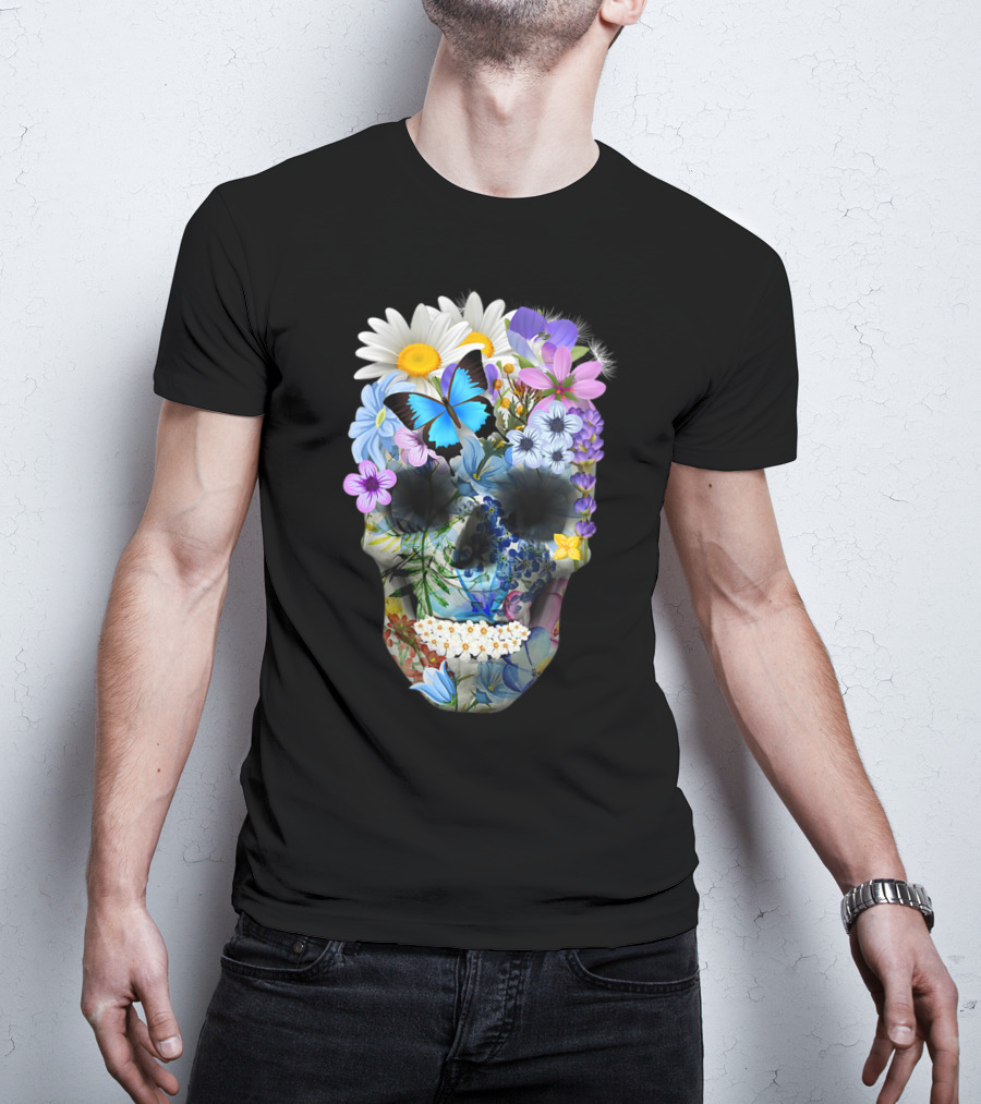 Halloween Floral Sugar Skull With Colorful Flowers And Butterfly T-Shirt
