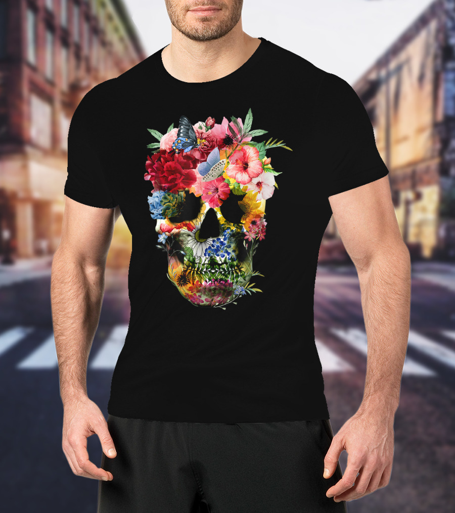 Floral Sugar Skull Butterfly Garden Bouquet T-Shirt