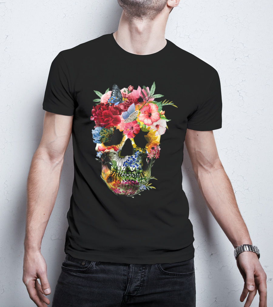 Floral Sugar Skull Butterfly Garden Bouquet T-Shirt