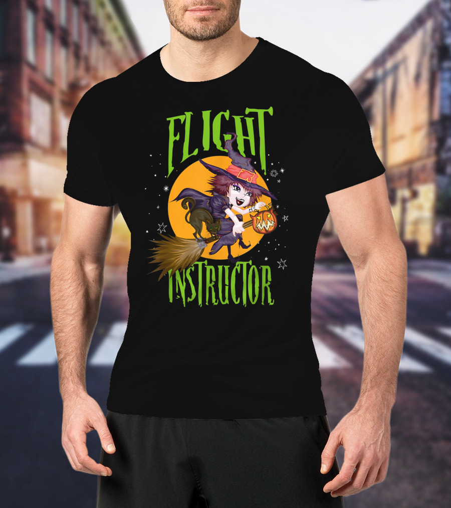 Flight Instructor Witch Broomstick Halloween Cat And Pumpkin Magic Stars T-Shirt