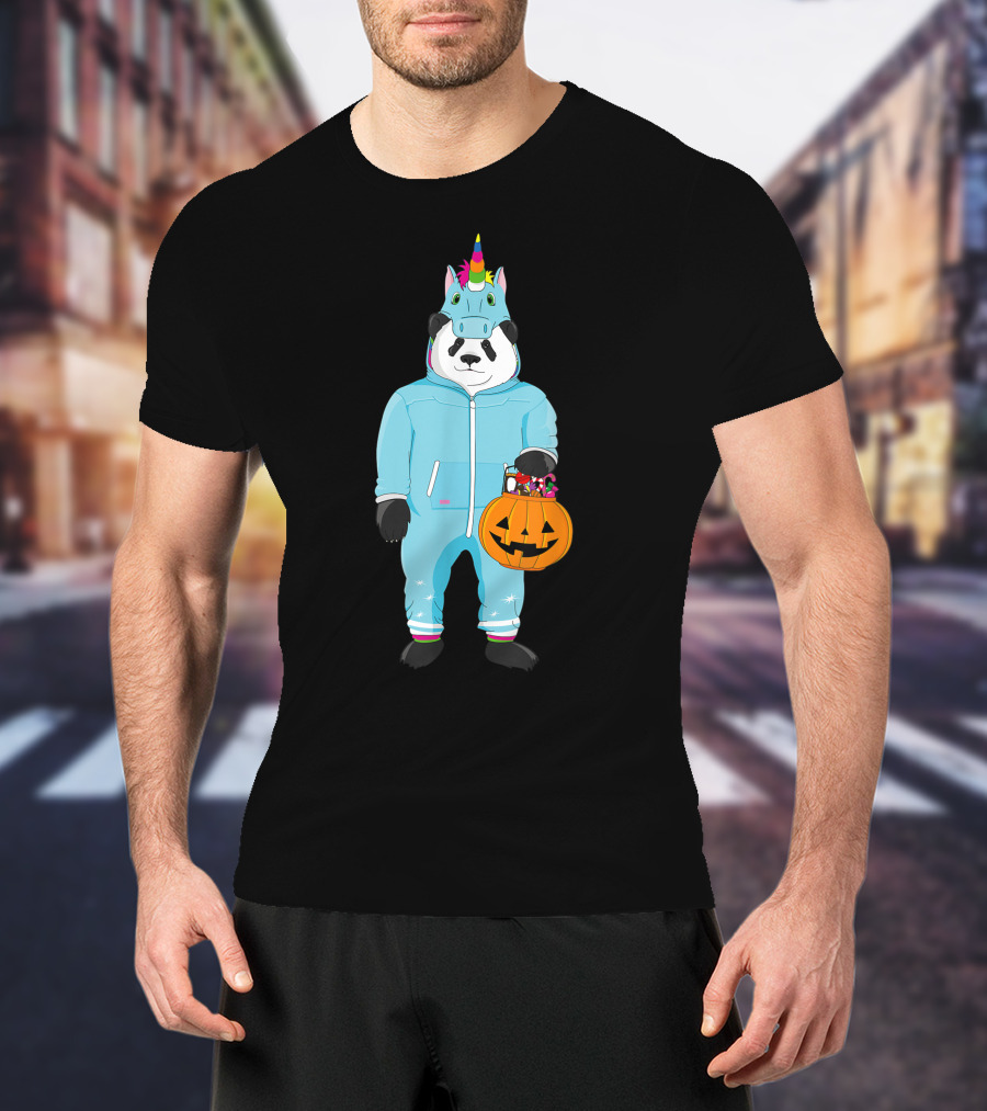 Panda Wearing Unicorn Costume Holding Spooky Pumpkin Lantern In Halloween T-Shirt