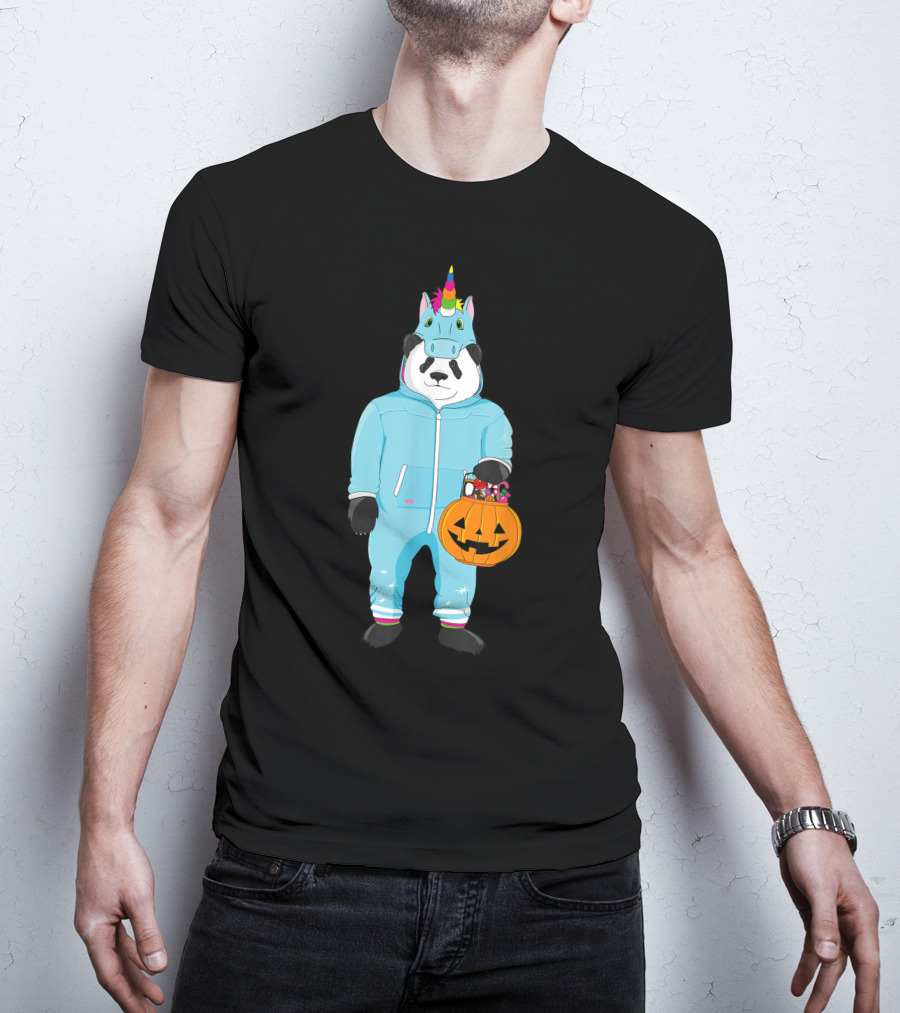 Panda Wearing Unicorn Costume Holding Spooky Pumpkin Lantern In Halloween T-Shirt