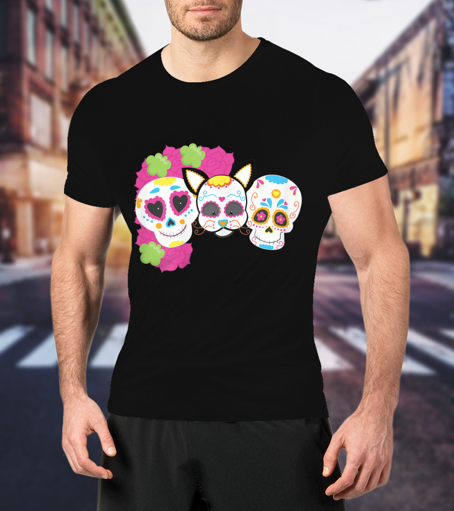 Sugar Skull Cat With Flowers Day Of Dead Floral Skulls T-Shirt