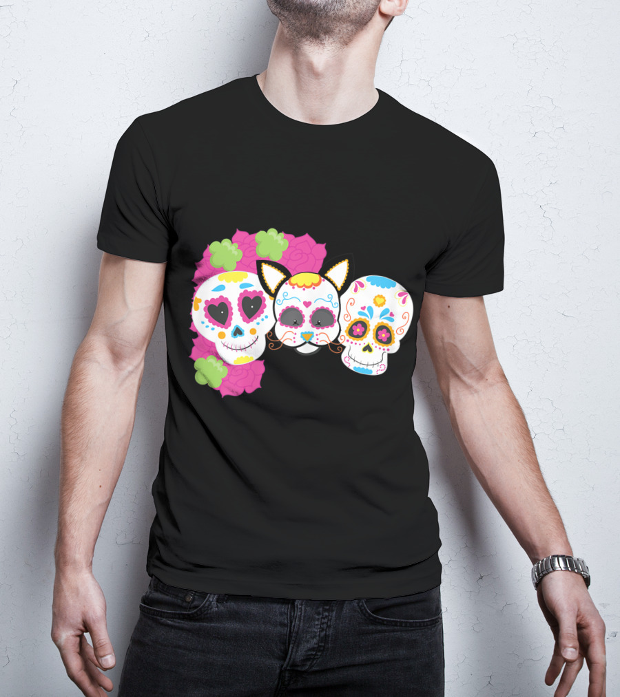Sugar Skull Cat With Flowers Day Of Dead Floral Skulls T-Shirt