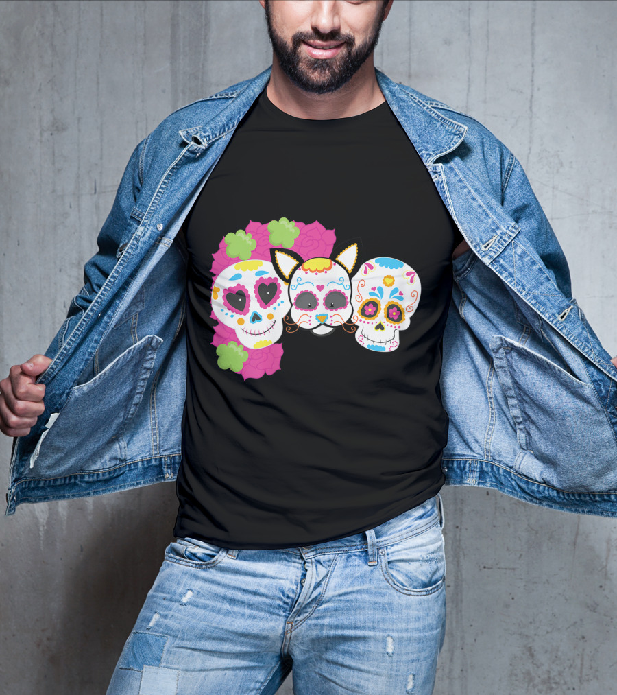 Sugar Skull Cat With Flowers Day Of Dead Floral Skulls T-Shirt