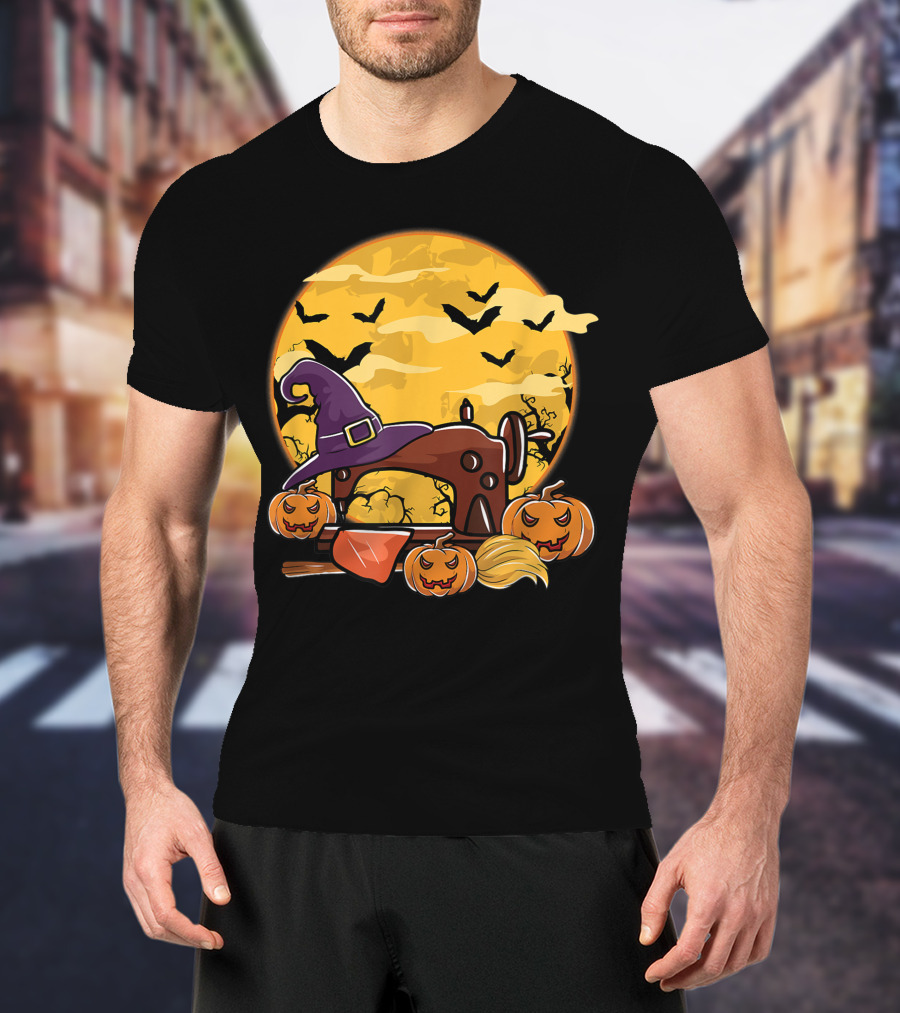 Spooky Sewing Machine With Halloween Pumpkins And Witch Hat In Full Moon Bat Swarm T-Shirt
