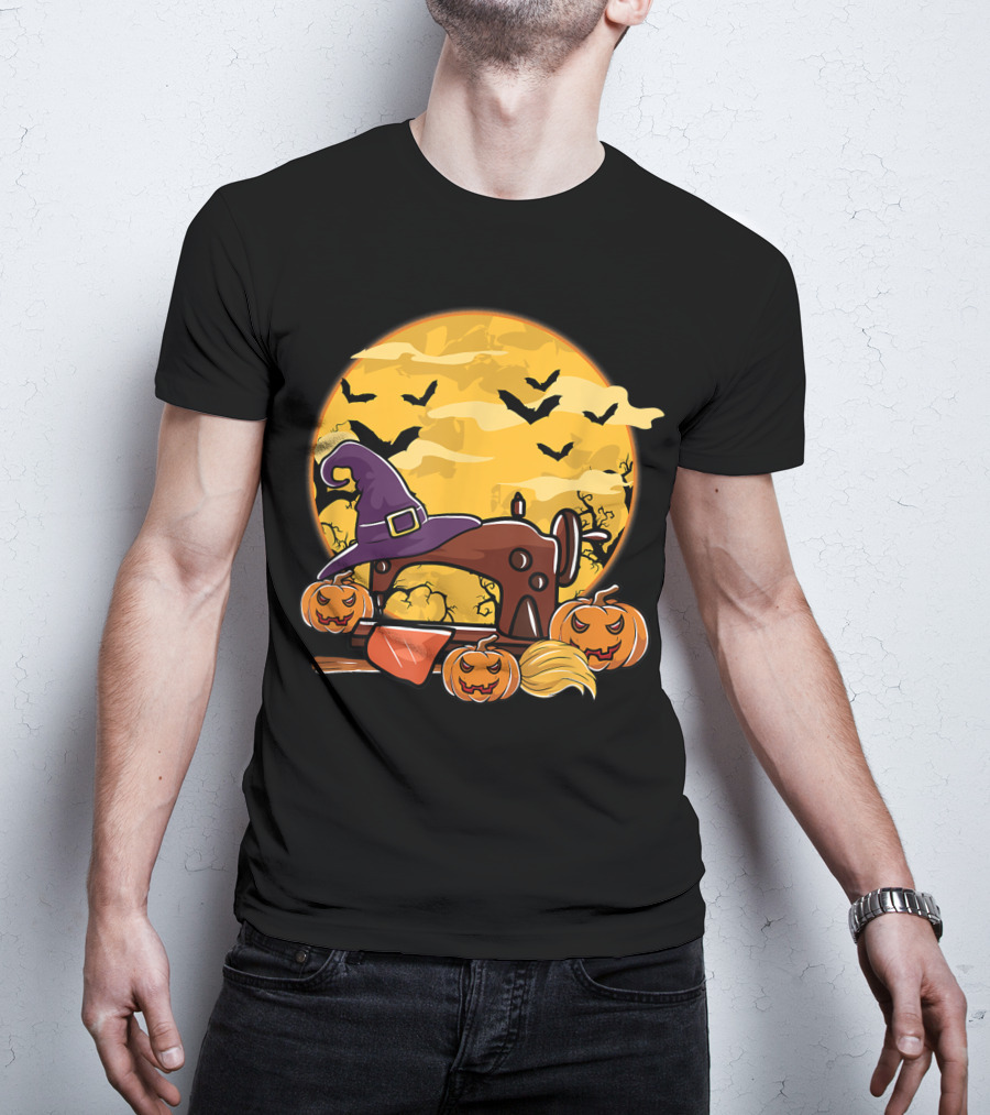 Spooky Sewing Machine With Halloween Pumpkins And Witch Hat In Full Moon Bat Swarm T-Shirt