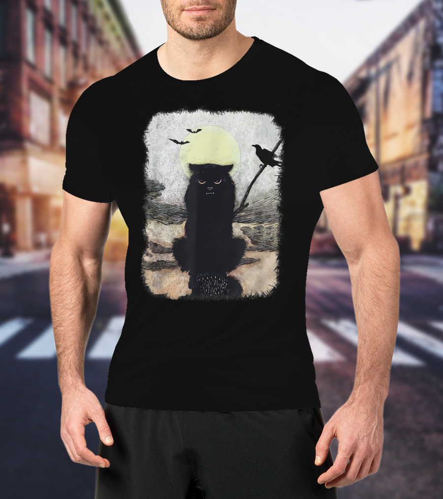 Moonlit Spooky Halloween Scary Black Cat With Bats And Crow T-Shirt