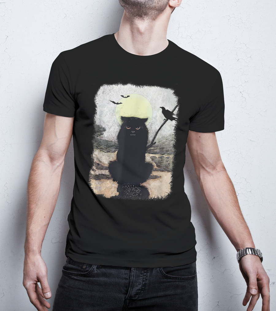 Moonlit Spooky Halloween Scary Black Cat With Bats And Crow T-Shirt
