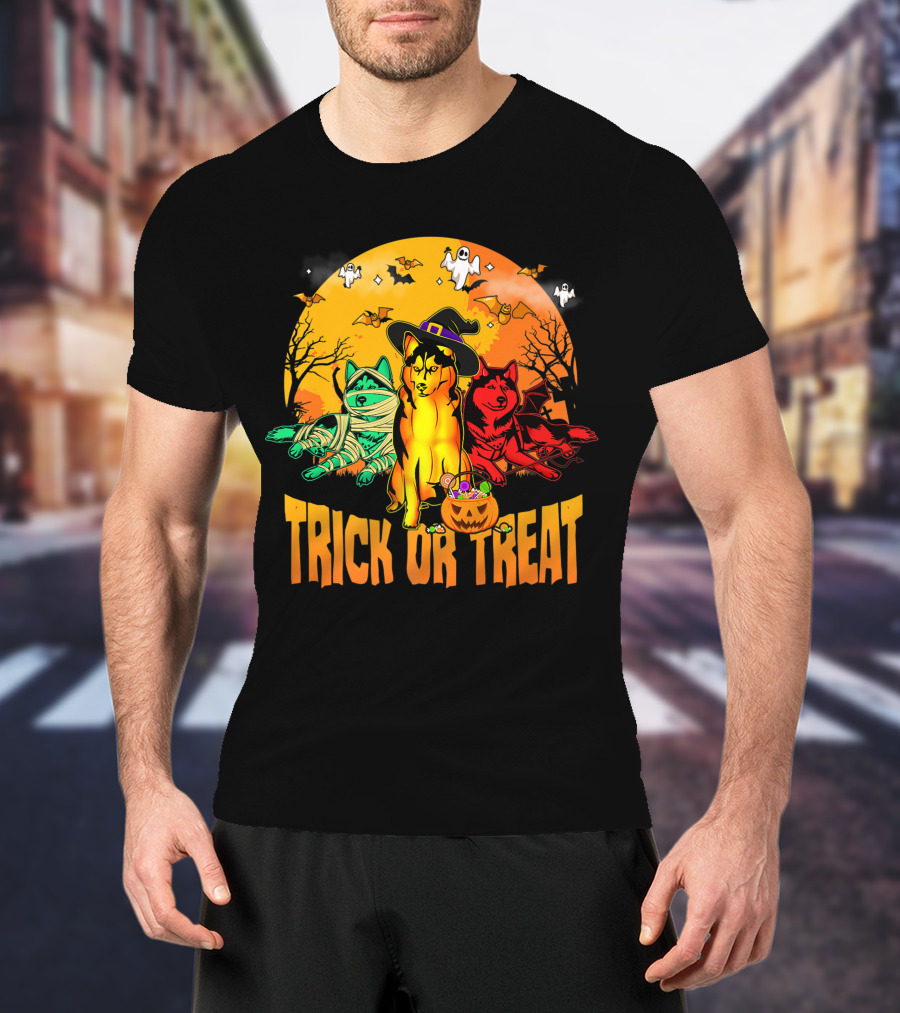 Trick Or Treat Siberian Husky Halloween Ghosts Pumpkins And Bats T-Shirt