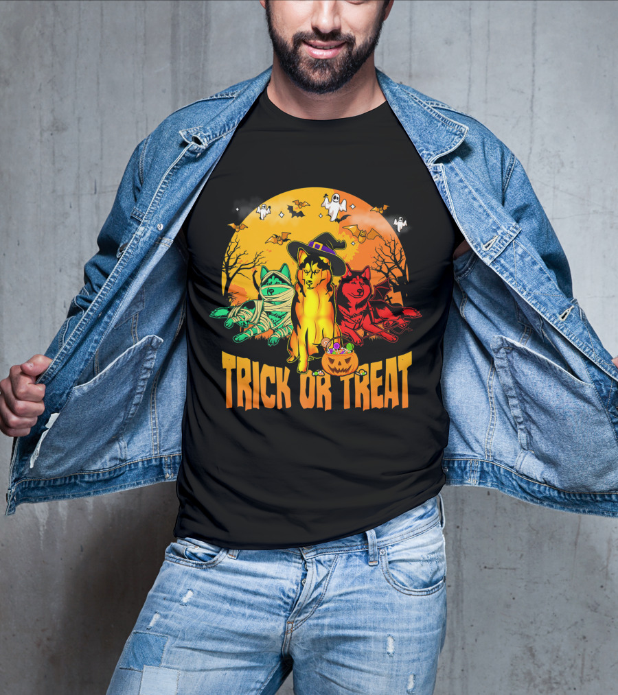 Trick Or Treat Siberian Husky Halloween Ghosts Pumpkins And Bats T-Shirt