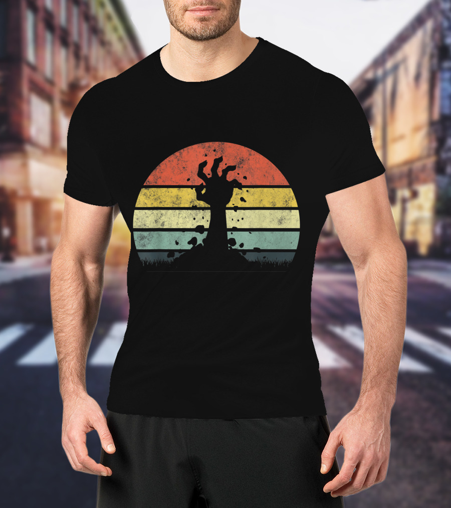 Vintage Retro Scary Zombie Hand Rising In Striped Sunset Background T-Shirt