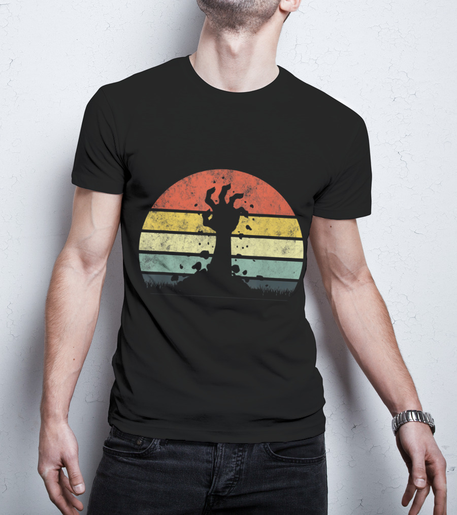 Vintage Retro Scary Zombie Hand Rising In Striped Sunset Background T-Shirt
