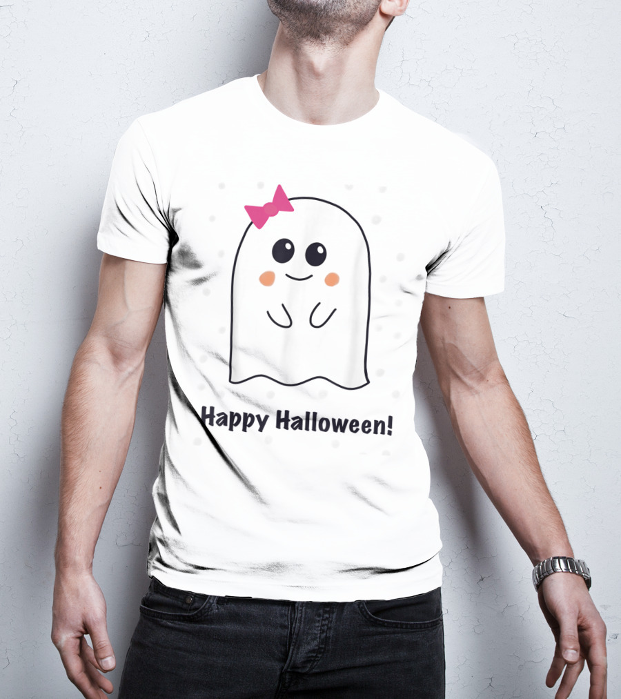 Happy Halloween Cute Ghost With Pink Bow T-Shirt