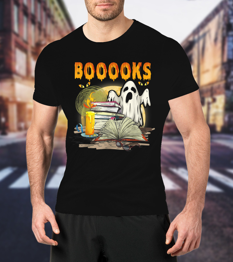 BOOOOKS Cute Ghost With Candles And Stacks Of Books T-Shirt