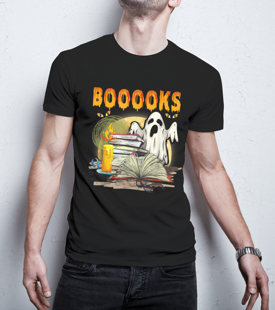BOOOOKS Cute Ghost With Candles And Stacks Of Books T-Shirt