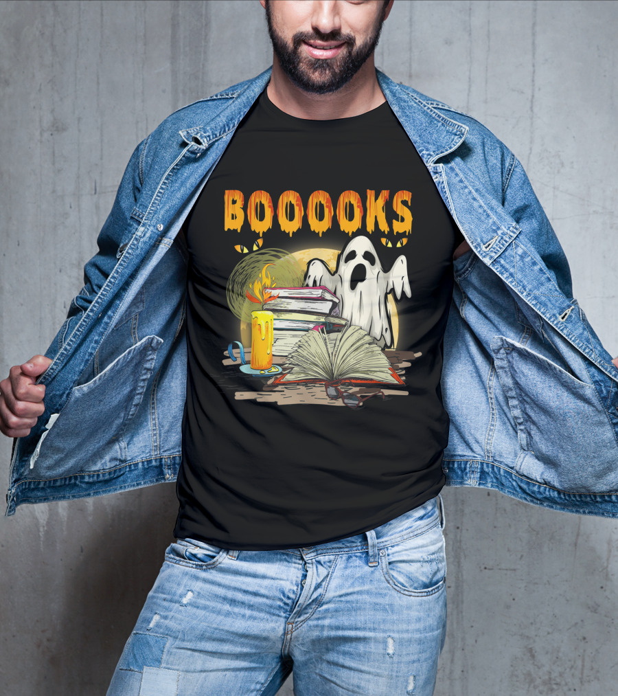 BOOOOKS Cute Ghost With Candles And Stacks Of Books T-Shirt