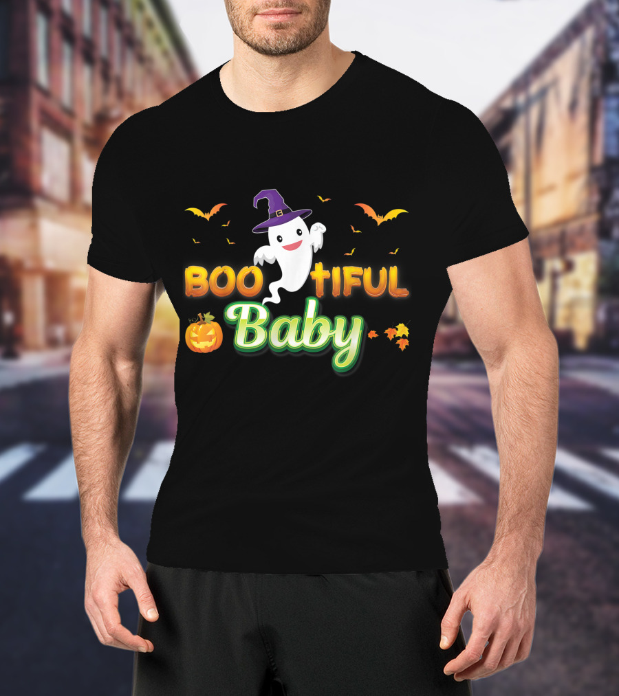 Bootiful Baby Cute Boo Ghost With Witch Hat And Pumpkin T-Shirt