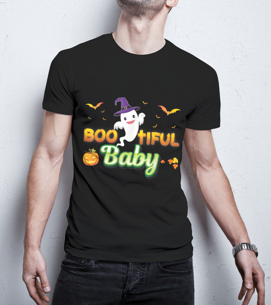 Bootiful Baby Cute Boo Ghost With Witch Hat And Pumpkin T-Shirt