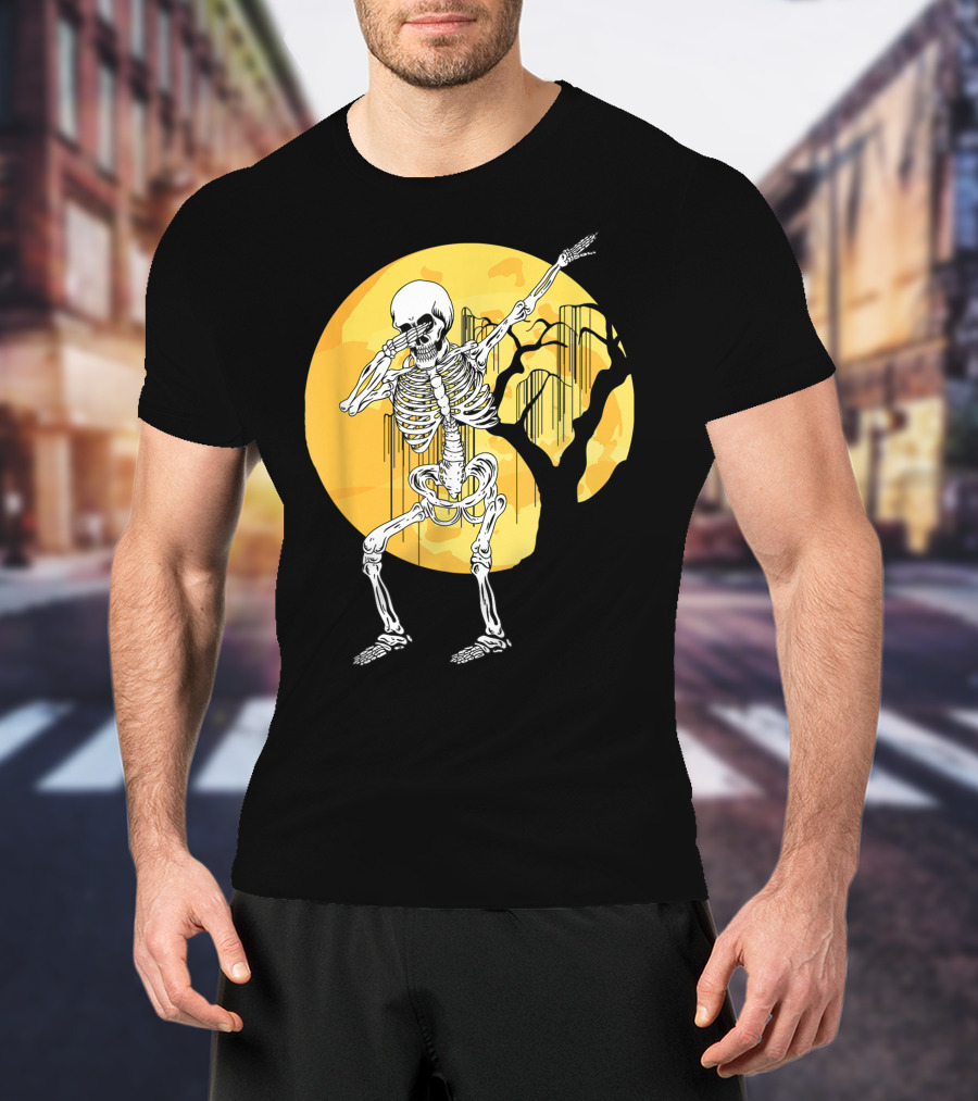 Dabbing Skeleton In Front Of Yellow Moon With Tree T-Shirt