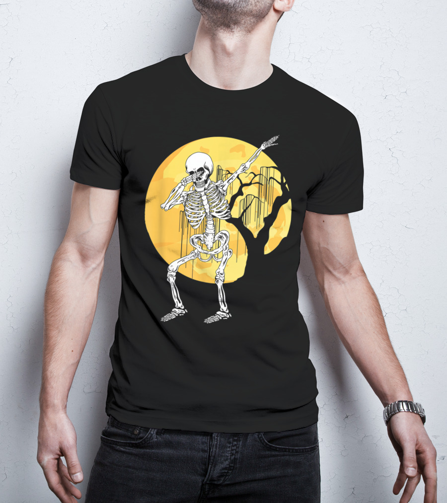 Dabbing Skeleton In Front Of Yellow Moon With Tree T-Shirt