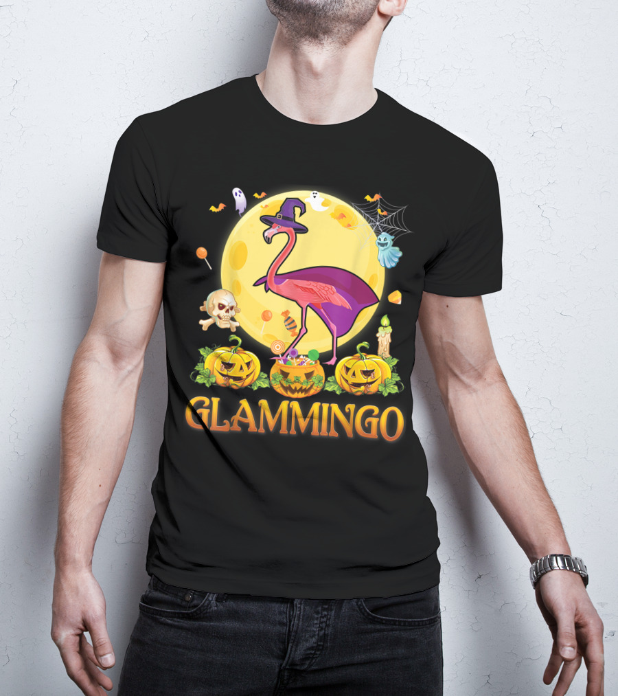 Glammingo Witch Flamingo Halloween Pumpkin Moon Ghosts Skulls Candy T-Shirt