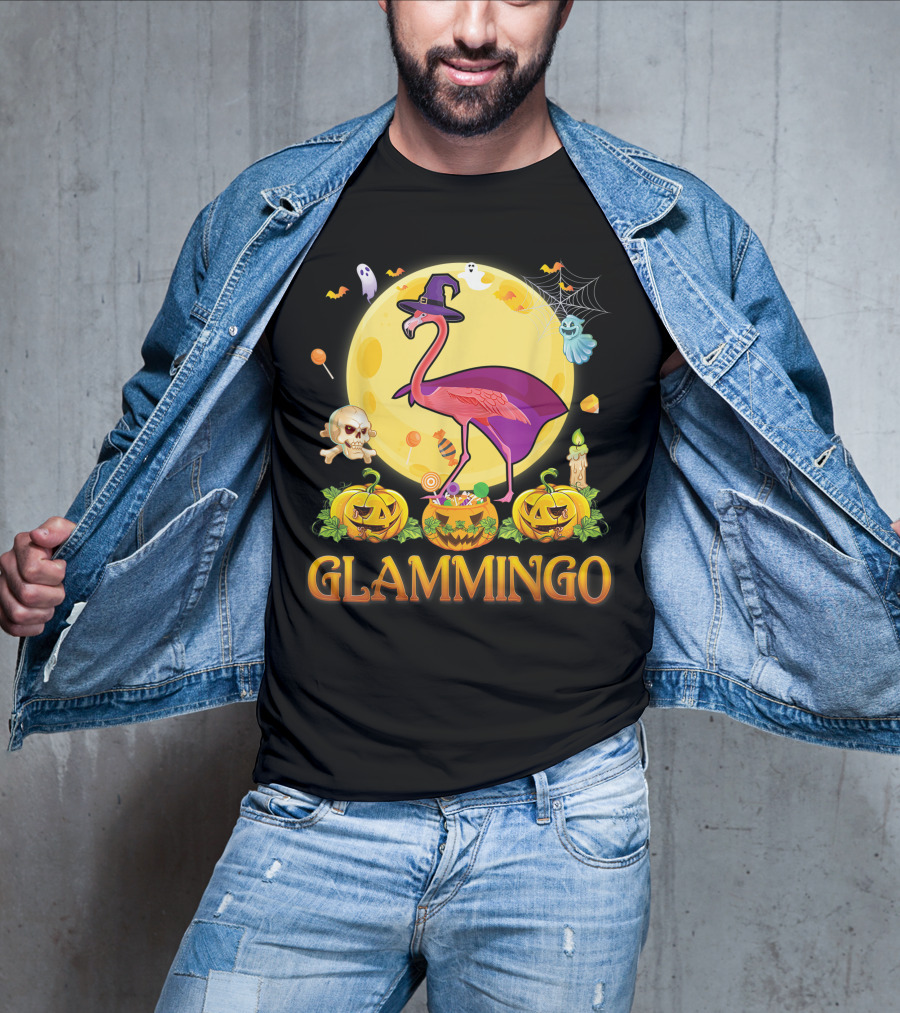 Glammingo Witch Flamingo Halloween Pumpkin Moon Ghosts Skulls Candy T-Shirt