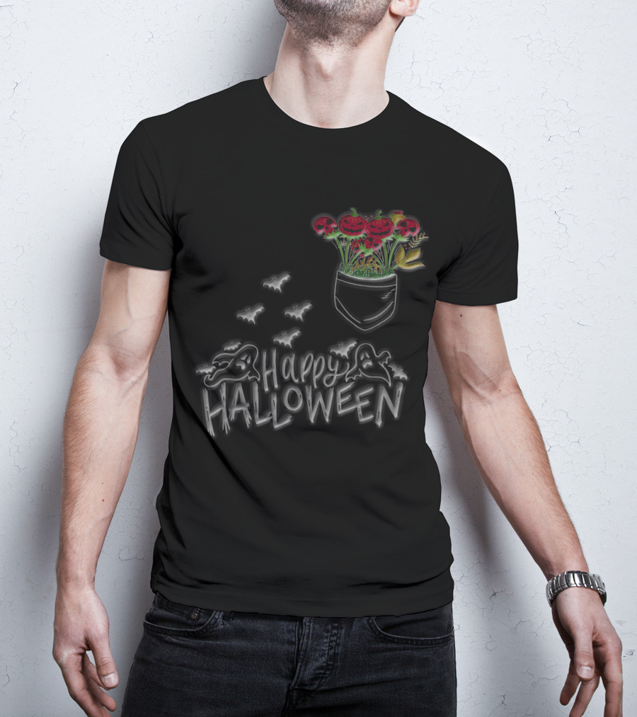 Happy Halloween Spooky Ghost Bat Pumpkin Flower Pocket T-Shirt