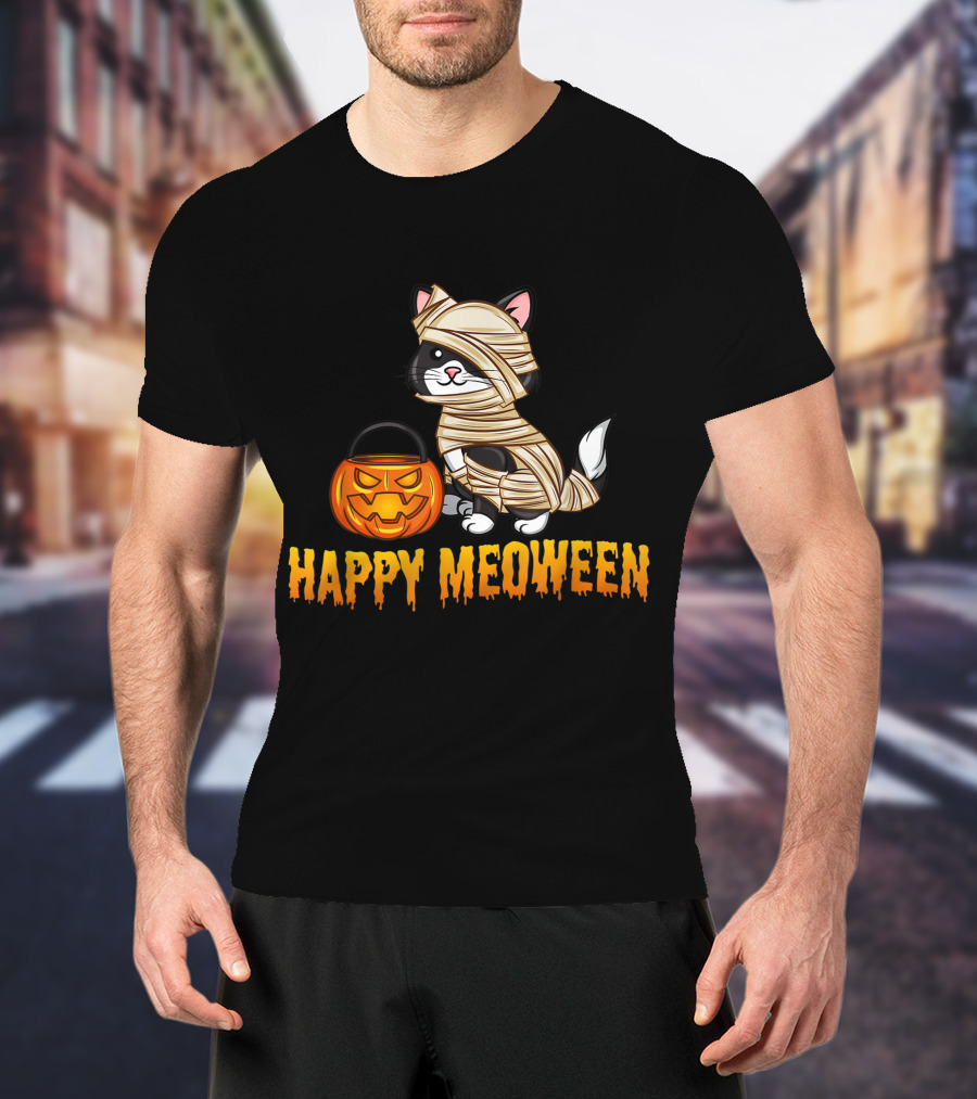 Happy Meoween Cute Cat Mummy With Pumpkin T-Shirt