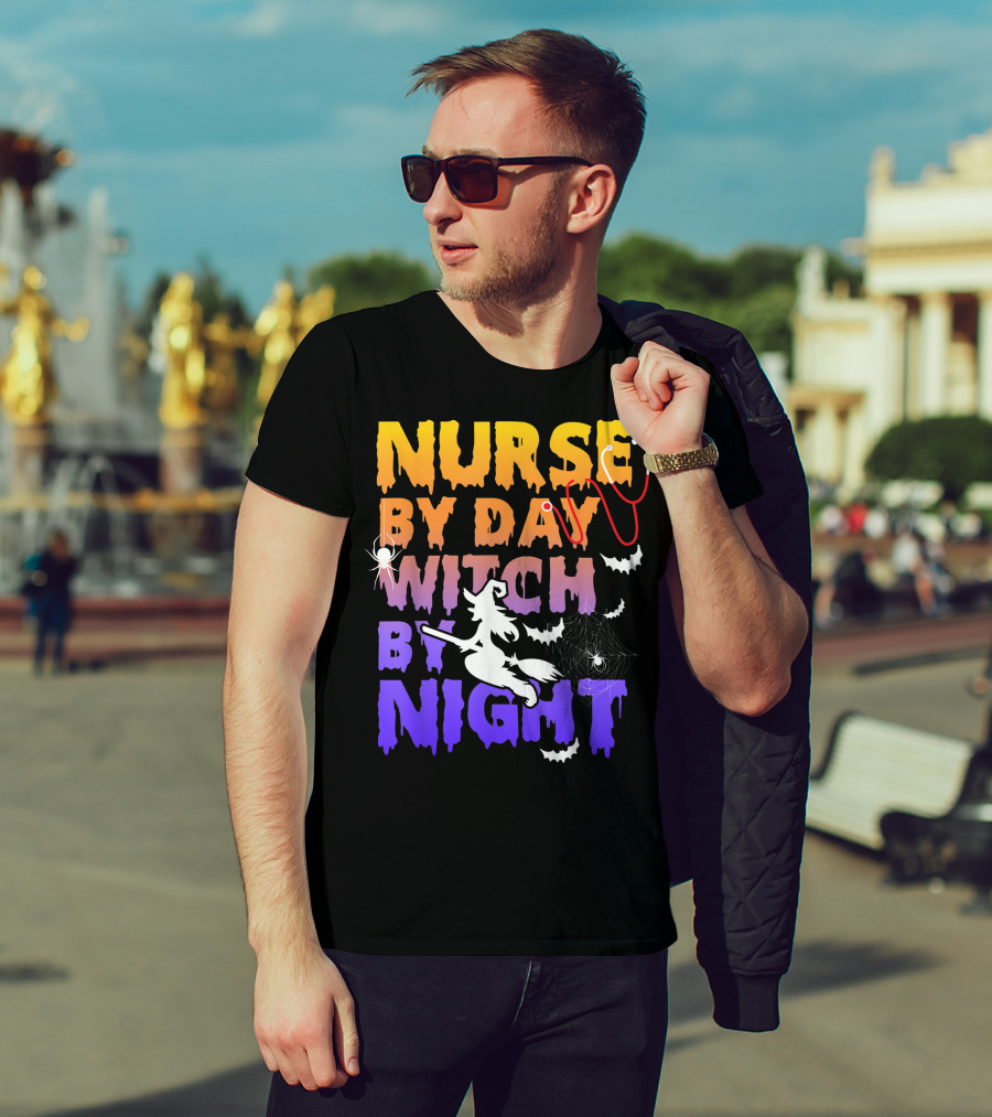 Nurse By Day Witch By Night Stethoscope Spider Bats Broomstick T-Shirt
