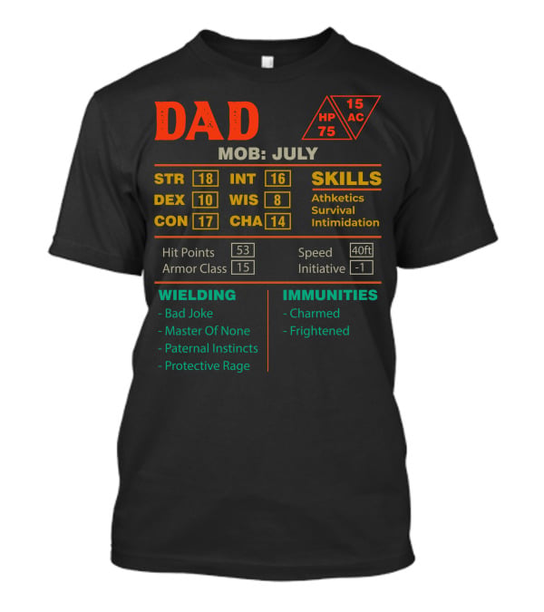 Dad Stats Character Sheet MOB July STR DEX CON INT WIS CHA Skills Hit Points Armor Class Wielding Immunities T-Shirt