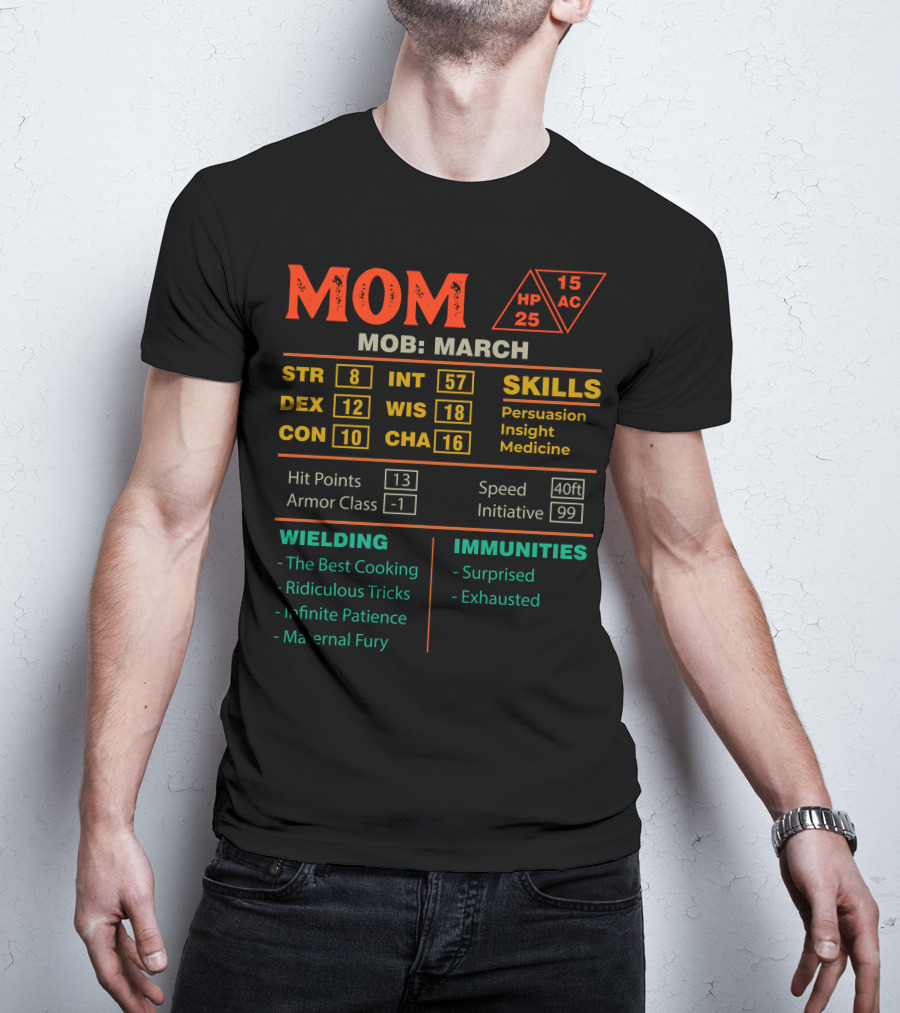 MOM Mob March Stats Skills Persuasion Insight Medicine Wielding Cooking Patience T-Shirt