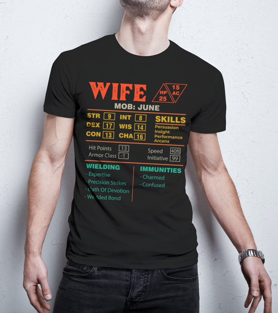 Wife Stats Mob June STR DEX CON INT WIS CHA Skills Hit Points Wielding Immunities T-Shirt