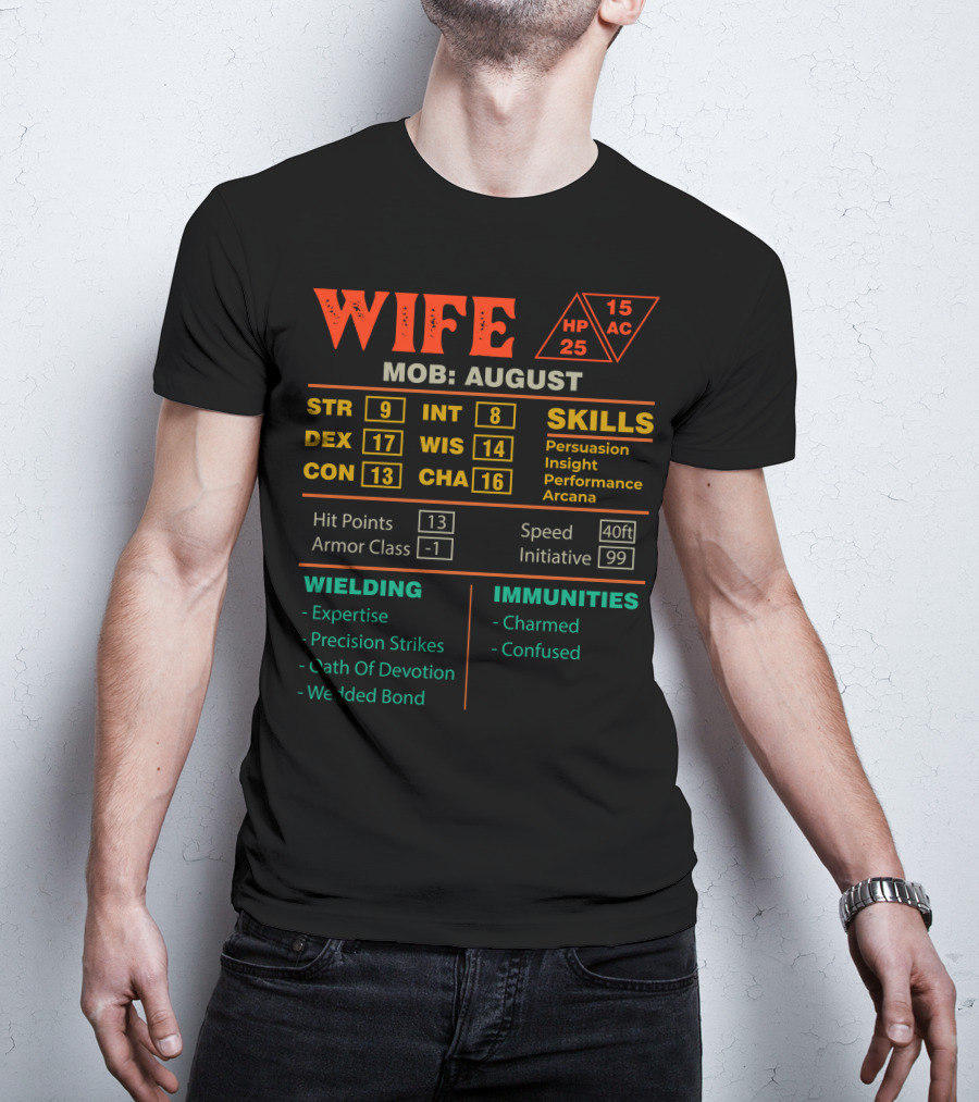 Wife Stats Character Sheet MOB August Skills Hit Points Armor Class Wielding Immunities T-Shirt