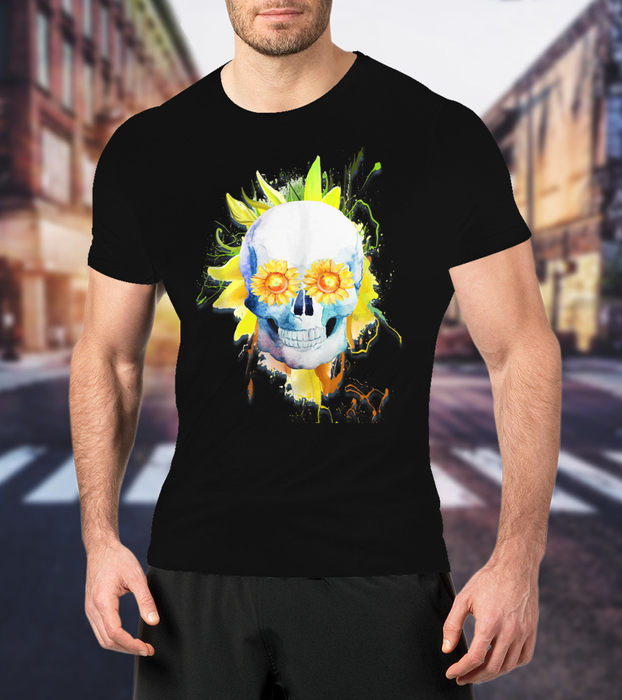 Dia De Los Muertos Halloween Sunflower Skull With Colorful Explosion Background T-Shirt