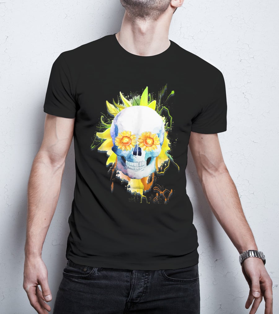 Dia De Los Muertos Halloween Sunflower Skull With Colorful Explosion Background T-Shirt