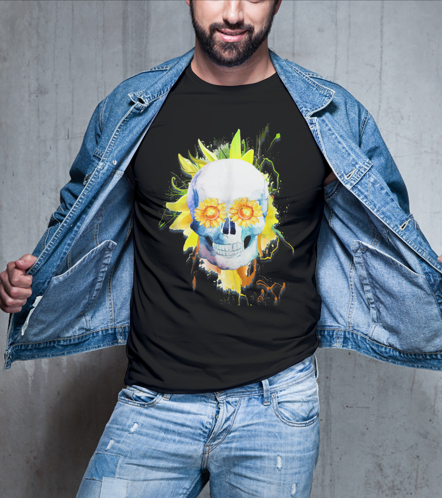 Dia De Los Muertos Halloween Sunflower Skull With Colorful Explosion Background T-Shirt