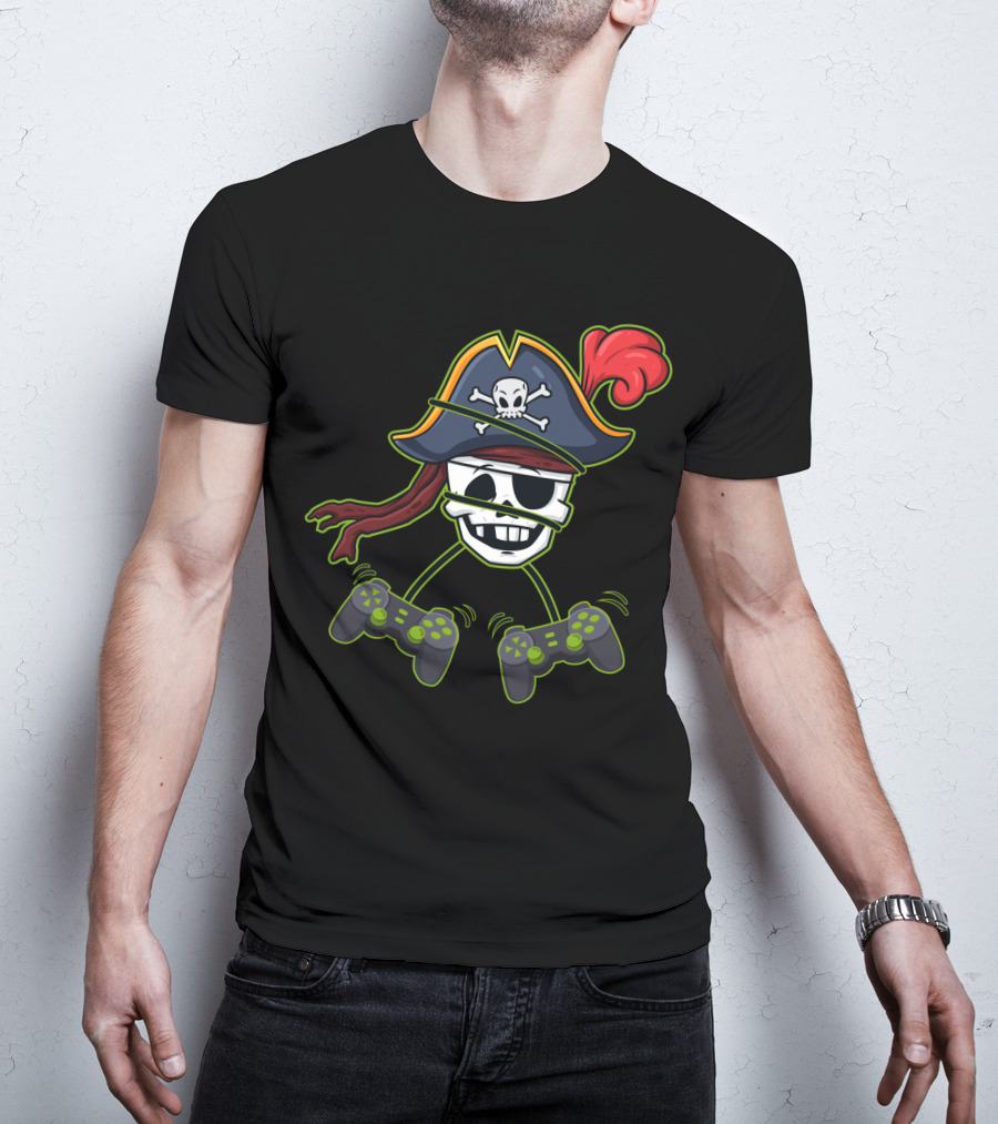 Halloween Pirate Skeleton Video Gamer Controllers Playful Skull Hat T-Shirt