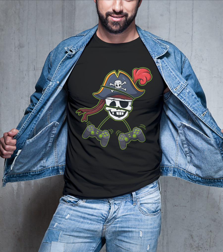 Halloween Pirate Skeleton Video Gamer Controllers Playful Skull Hat T-Shirt