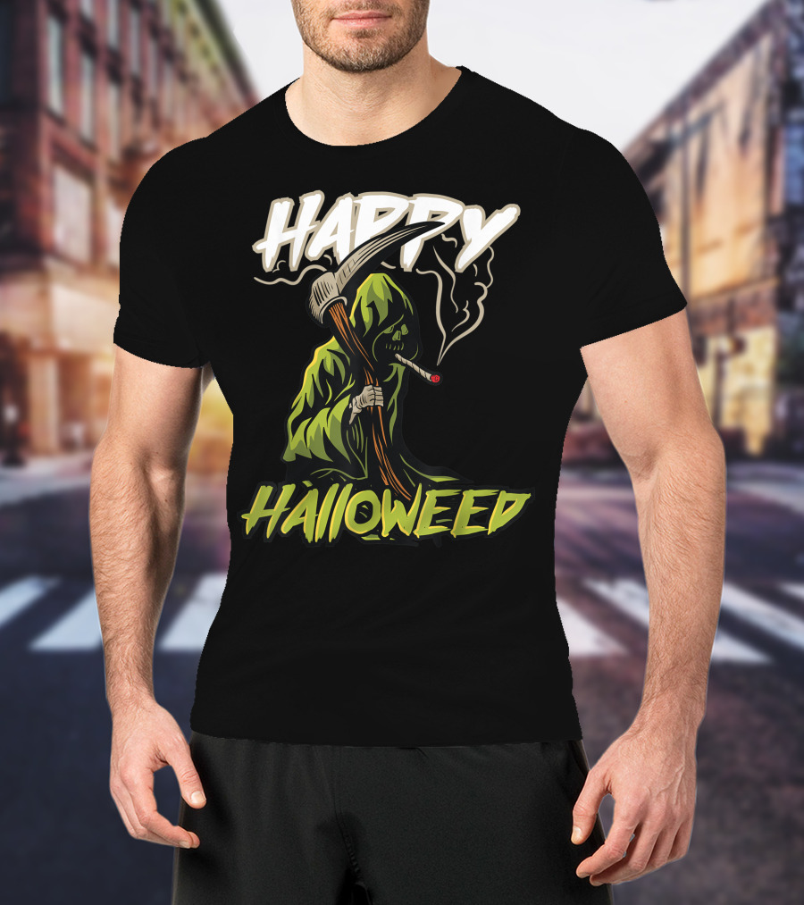 Happy Halloweed Grim Reaper Smoking Weed Cannabis T-Shirt