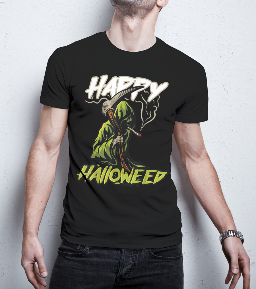 Happy Halloweed Grim Reaper Smoking Weed Cannabis T-Shirt