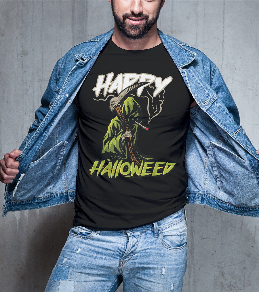 Happy Halloweed Grim Reaper Smoking Weed Cannabis T-Shirt