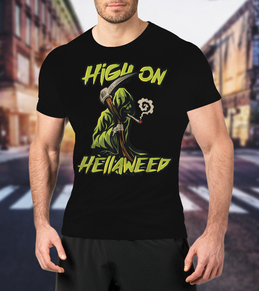 High On Hellaweed Grim Reaper Smoking Weed THC CBD T-Shirt