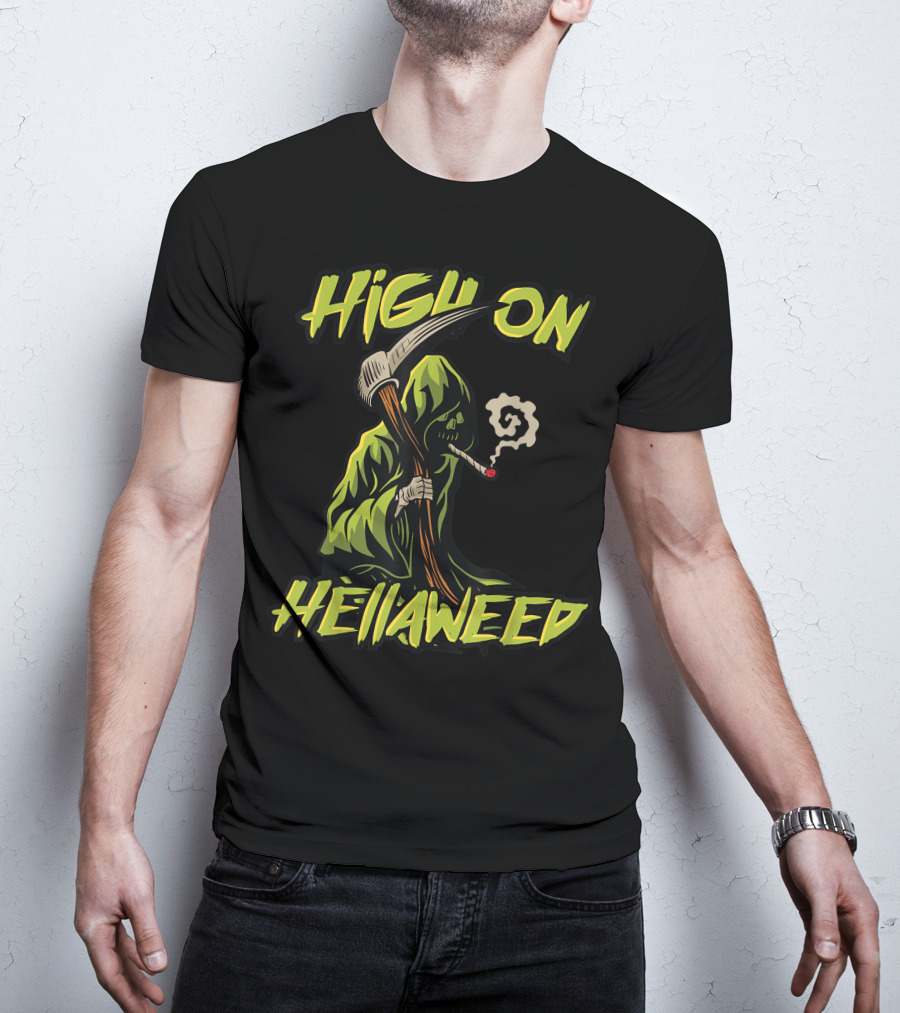 High On Hellaweed Grim Reaper Smoking Weed THC CBD T-Shirt