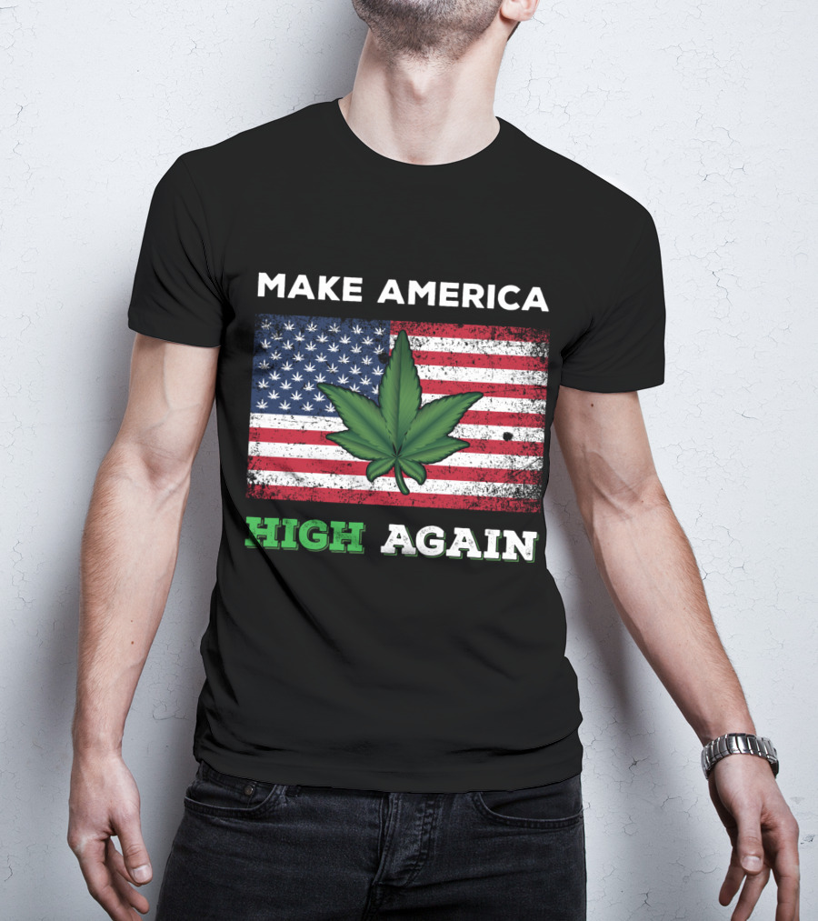 Make America High Again Pot Leaf USA Flag Weed Marijuana T-Shirt