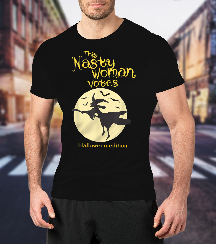 This Nasty Woman Votes Halloween Edition Feminism Witch And Bats Moon T-Shirt