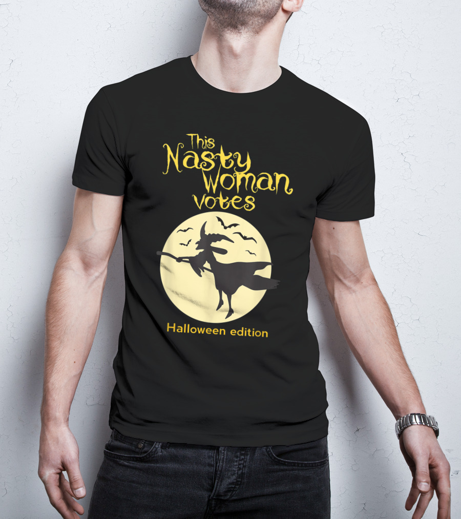 This Nasty Woman Votes Halloween Edition Feminism Witch And Bats Moon T-Shirt