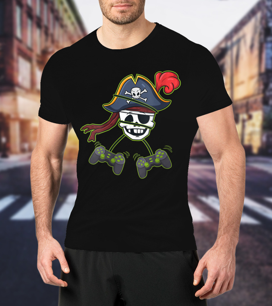 Halloween Pirate Skeleton Gamer With Controller Hat And Crossbones T-Shirt